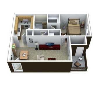 3D floor plan A layout with room dimensions for Ciel Apartment Homes