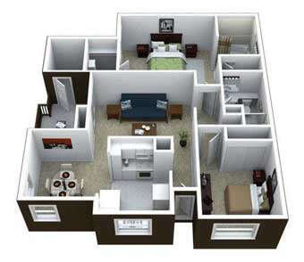 3D floor plan D layout with room dimensions for Ciel Apartment Homes