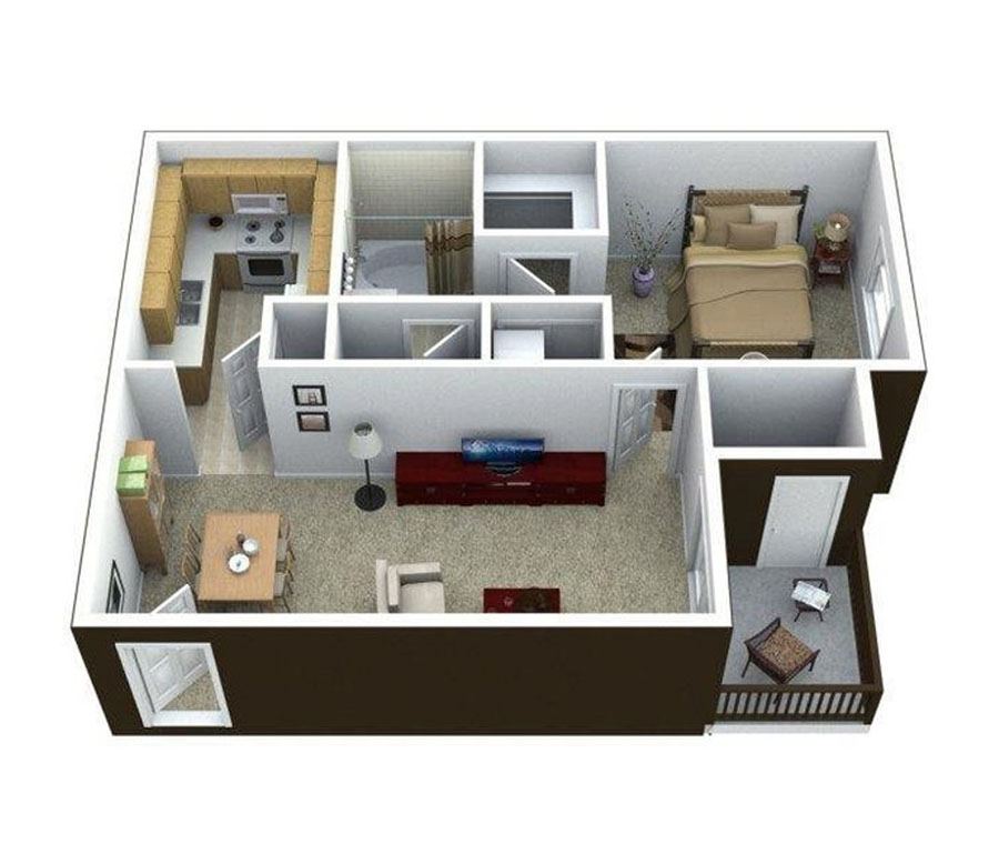 3D floor plan A layout with room dimensions for Ciel Apartment Homes