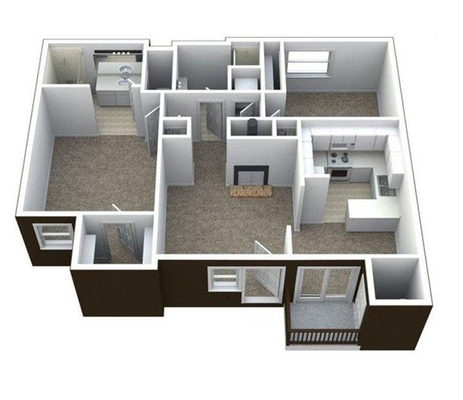 3D floor plan C layout with room dimensions for Ciel Apartment Homes