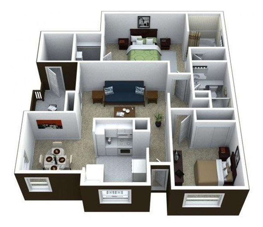 3D floor plan D layout with room dimensions for Ciel Apartment Homes