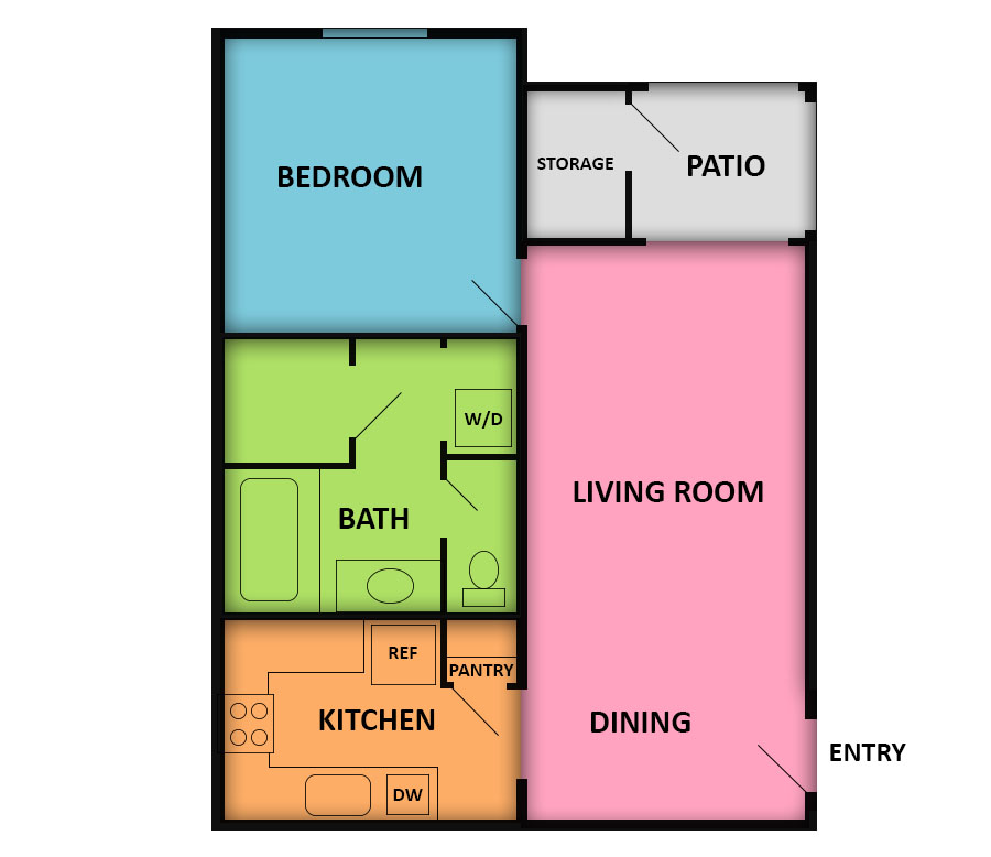 Visual schematic of the 1 Bed 1 Bath apartment layout at Ciel Apartments Las Vegas