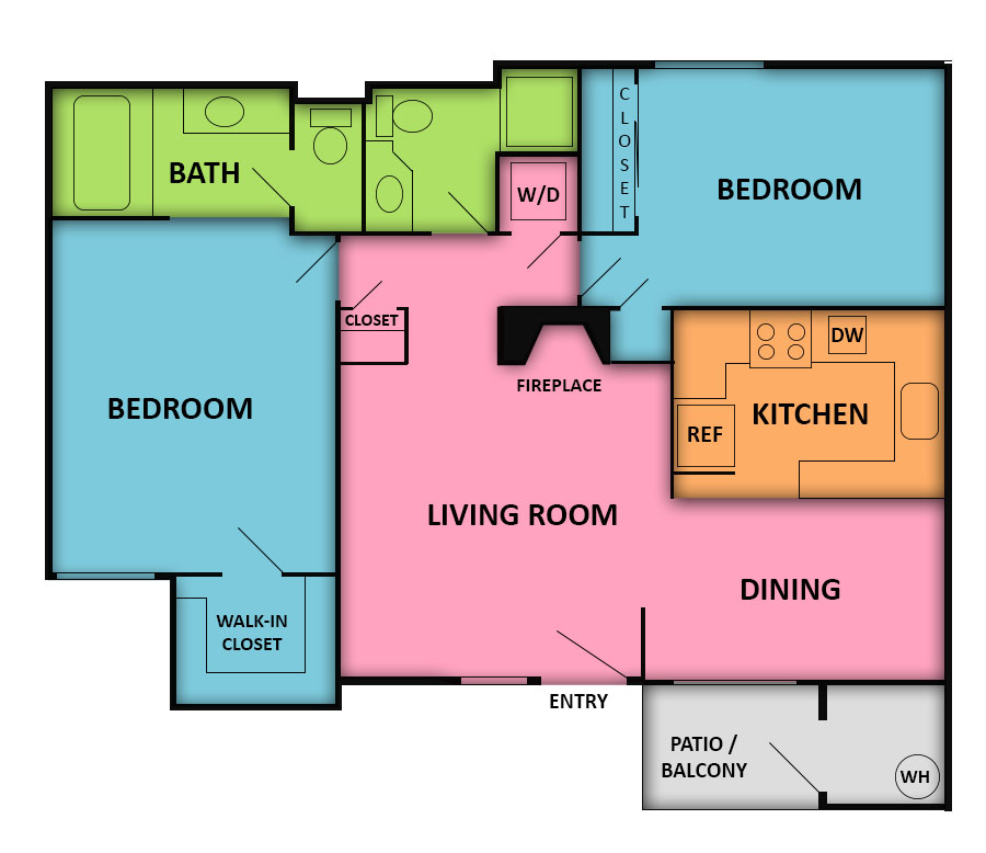 Visual schematic of the 2 Beds 2 Baths apartment layout at Ciel Apartments Las Vegas