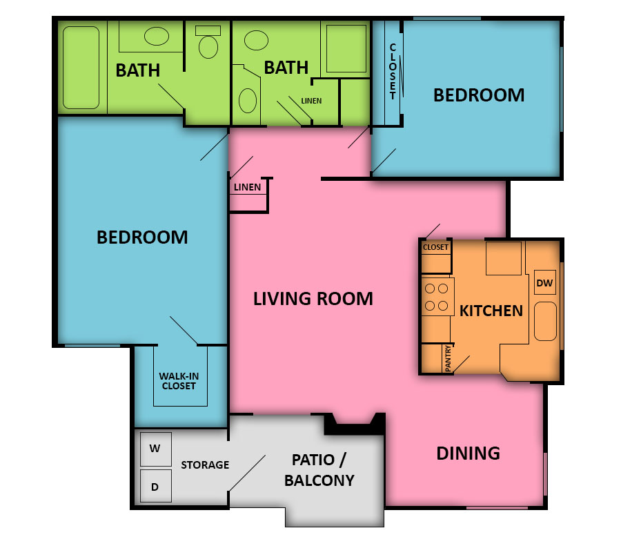 Visual schematic of the 1425 Hacienda, 2 Beds 2 Baths apartment layout at Ciel Apartments Las Vegas