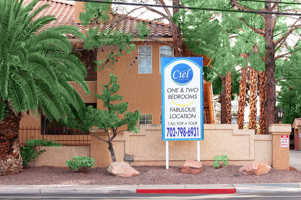 Exterior photo of Ciel Apartment Homes Leasing Sign 1